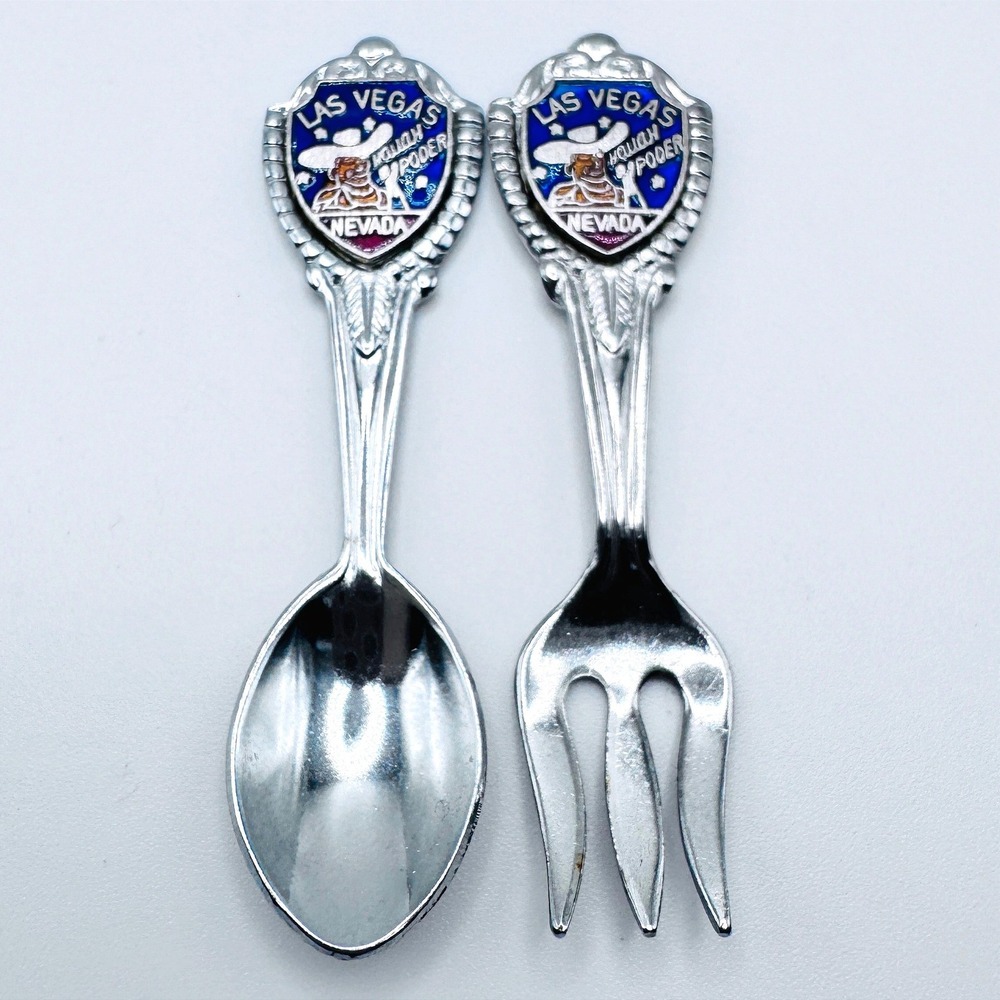 Vintage Las Vegas Nevada Souvenir Mini Spoon & Fork‎ Set Cowboy Poker Casino
